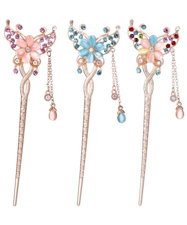OIIKI Butterfly Flowers Hair Sticks Pins for Buns 3pcs  Chinese Flower Hair Chopsticks Hairpins for Women Girls Long Thick Hair  Vintage Rhinestone Hair Pins with Tassels Hair Styling Accessories for Women - Buy Online on GoSupps.com