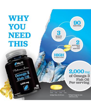 Omega 3 Fish Oil 1000mg - 180 Softgel Capsules - 3 Month Supply | Double Strength EPA 660mg & DHA 440mg with Vitamin E - Buy Online on GoSupps.com