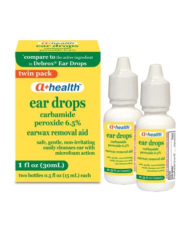 A+ Health Earwax Removal Drops Carbamide Peroxide 6.5% Made in USA Twin Pack 1 fl Ounce Clear