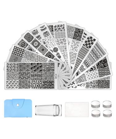 Niceneeded 17Pcs Nail Stamping Stamper Kit 10Pcs Geometry Design Nail Art Stamp for Nails Nail Art Stamper and Nail Scraper DIY NAIL Art Tools