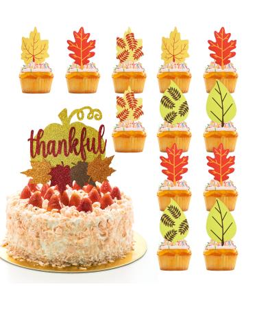Thanksgiving Cake Decoration 13PCS Gold Glitter Thankful Cupcake Toppers Pumpkin Maple Leaf Cake Topper Fall Autumn Maple Themed Cake Decor for Autumn Thanksgiving Day Party Supplies Y7NGYZCP