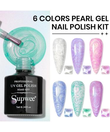 Supwee Pearl Gel Nail Polish 6 Colors Glitter Thread Shimmer Mermaid Gel Polish Kit Soak Off UV LED Shiny Pearlescent Shell Effect Nail Art Manicure 165 - Buy Online on GoSupps.com