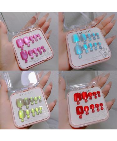 4Pack Cat Eye Press on Toenails KKUUOO Short Square Fake Toe Nails Summer Press on Toenails Full Cover Glossy Acrylic Toenails Glitter Press on Toenails For Women Girls 96Pcs A015