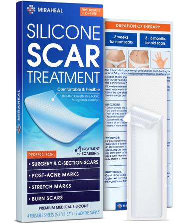 Silicone Scar Sheets 5.7" x 1.57" - Keloid Scar Removal for Surgical Scars, Burn Scars, Post-Acne Marks & Stretch Marks - Ultra-Thin & Breathable Silicone Sheets - 4 Reusable Patches