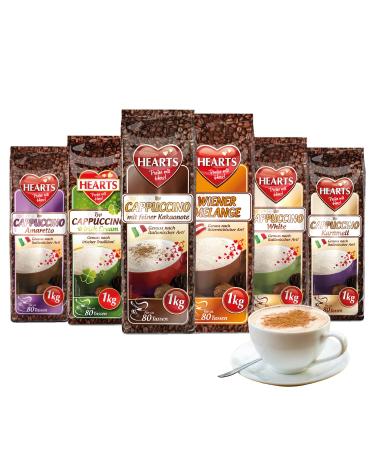 Hearts Cappuccino Mix, 6 x 1kg Sample Pack (Viennese Mix, Irish Cream, Amaretto, Caramel, White and with a Fine Cocoa Note) - Family Pack