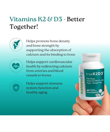 NatureCity TrueK2D3 Plant Based Vitamin K2 MK7 (90 mcg) & D3 from Algae(2 500 IU) 2 in 1 Vitamin D3 K2 Supplement for Bone Heart and Immune Health 60 Veggie Capsules - Buy Online on GoSupps.com