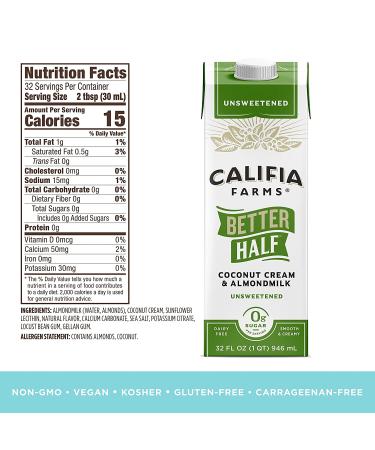 Califia Farms - Unsweetened Better Half  Half and Half Substitute  32 Oz (Pack of 6)  Almond Milk  Coconut Cream  Coffee Creamer  Keto  Shelf Stable  Dairy Free  Plant Based  Vegan Better Half - Unsweetened 32 Fl Oz (Pack of 6) - Buy Online on GoSupps.com