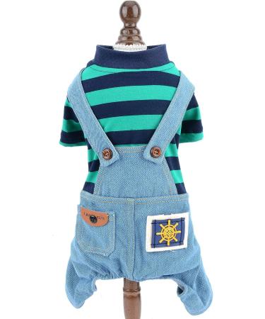 Ranphy Striped Cute Jumpsuit for Young Dogs - Cotton Pajama Shirt & Denim Jacket for Chihuahua & Yorkshire - Summer Outfit in Blue & Green - Buy Online on GoSupps.com