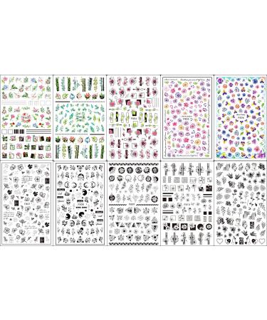 10 Sheets Spring Flower Nail Art Stickers - Self-Adhesive Black & White Floral Designs for Manicure - Perfect Nail Decoration for Women & Girls - Buy Online on GoSupps.com