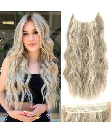 Rosooi 20 Inch Invisible Wire Hair Extensions with Adjustable Transparent Wire Synthetic Long Wavy Hairpieces with 4 Secure Clips in Hair Extensions for Women Daily Party Use (20 Inch  Light Brown mix Bleach Blonde) 20 I...