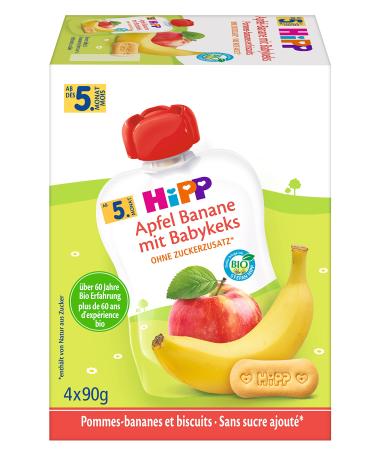 Hipp squeezing bags for babies fruit and grain apple banana with baby biscuit 100% organic fruits without added sugar 4 x 4 bags of 90 g