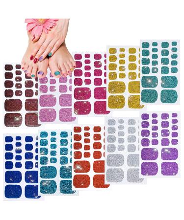 10 Sheets Toe Nail Polish Stickers Glitter Toenail Nail Polish Strips Decals Full Wraps Self Adhesive Toe Nail Tip Full Toe Nail Wraps for Women Girls DIY Nail Decor Art