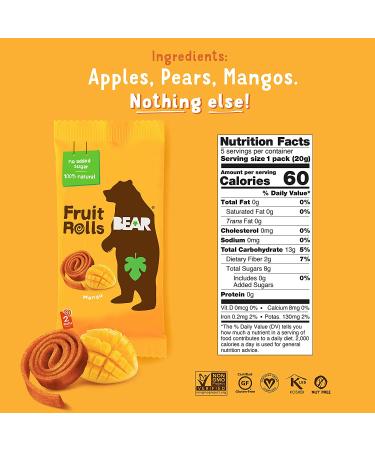 BEAR Real Fruit Snack Rolls - Gluten Free Vegan Mango - 12 Pack Healthy Kids & Adults Snack - Buy Online on GoSupps.com