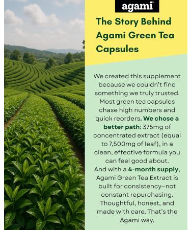 Agami Green Tea Capsules | 4 Month Supply | Energy & Metabolism Support | 7500mg Strength | 20:1 Extract - 120 Capsules - Buy Online on GoSupps.com