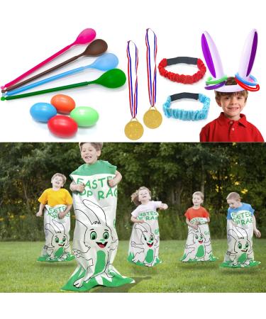 21 Pack Easter Outdoor Party Games for Kid Family Easter School Carnival Game 4 Bunny Potato Sack Race Bag 4 Egg and Spoon Relay Race 2 3-Legged Race Band 1 Bunny Ear 4 Ring Toss Game 2 Gold Medal