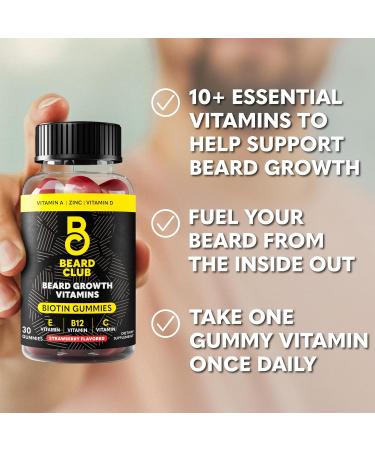 The Beard Club Biotin Beard Growth Vitamin Gummies - Beard and Hair Supplement for Men - Vitamins B12 E & C to Support a Thicker Fuller Looking Beard - Mens Beard Care - Strawberry Gummy Growth Gummies - Buy Online on GoSupps.com