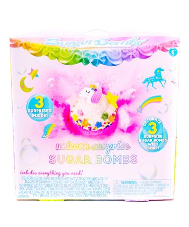 Sugar Bombs by Horizon Group USA  Design & Decorate 3 Unicorn Themed Fizzing Bombs.Fizz In Bowl To Revel Hidden Surprise Gift. Whipped Soap  Sprinkles  Surprise Gift & Bowl Included  Unicorn