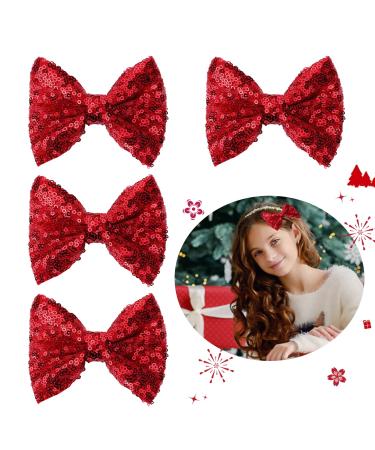 Sibba Glitter Hair Bows Clips 4 Packs Large Hair Pins Barrettes 4 Inch Red Sequins Sparkly Lace Nylon Mesh Alligator Ponytail Holder Valentines Day Easter School Accessories for Women Girl Toddlers