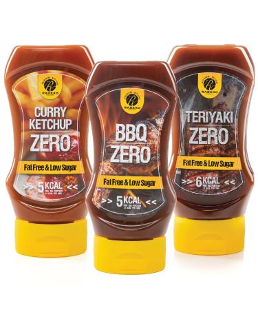 Rabeko Zero Sauce -mix American BBQ/Teriyaki/Curry-Ketchup 3 x 350 ml without sugar and low fat - healthy low carb and calorie products for salads - gluten and lactose free