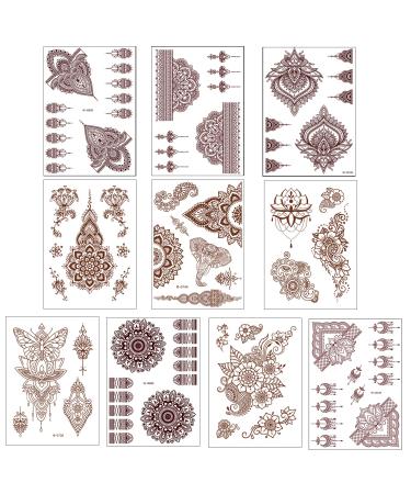 10 Pcs Henna Tattoo Kit Temporary Tattoo Adul Stickers Lace Pattern Fake Tattoos Henna Sticker for Women Girls DIY on Body Face Arms Legs Brown