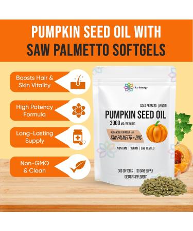 LA Synergy Pumpkin Seed Oil 3000mg 3-in-1 with Saw Palmetto and Zinc High-Potency Formula for Hair Skin Rich in Phytosterols & Fatty Acids Prostate Health Urinary Tract Support - 300 Counts - Buy Online on GoSupps.com