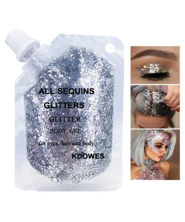 Body Glitter Gel 16 Color Sequins Glitter Gel Easy to Apply&Clean, Festival Glitter Christmas Makeup for Women Long Lasting Sparkling Suitable for Body, Face, Hair, Eyes Silver (Chunky Glitter)