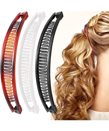 3 Pieces Banana Hair Clip Banana Hair Clips for Thick Long Hair Retro Plastic Combs Grips Fishtail Hairs Clip for Women's Sports Facial Washing Hairs Fashion Accessories (White Black Brown)