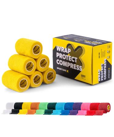 6 Rolls SPORTTAPE Self-Adhesive Football Sock Tape | 7.5cm x 4.5m - Yellow | Cohesive Bandage - Pet & Vet Wrap for Dogs & Horses | Compression Bandage Shin Pad Tape Football Ankle Tape Yellow 7.5x450 cm (Pack of 6)