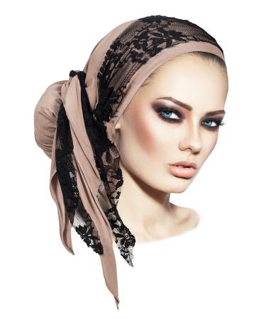 Taupe Headscarf Headcover for Women Tichel Soft Cotton Pre tied Bandana Head wrap Head wear Black Lace Handmade (Long taupe w/black lace)