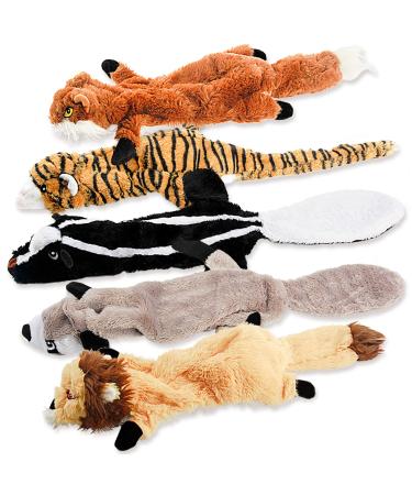 Dog Squeaky Toys, No Stuffing Plush Chew Toy for Small Medium Dogs Puppy Aggressive Chewers Large Breed, 5 Pack Cute Animal Raccoon Squirrel Tiger Fox and Lion, Tough Durable Teething Interactive Gift