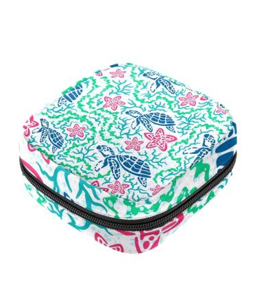 Sea Turtle Seaweed Starfish Sanitary Napkin Storage Bag Menstrual Pad Bag Portable Menstrual Period Sanitary Pouch Zipper Tampons Collect Bags for Teen Girls Women Ladies Color 2