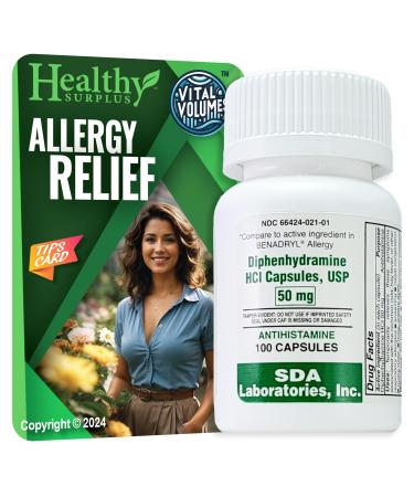 SDA Labs Antihistamine Diphenhydramine HCL 50 mg 100 Capsules and Vital Volumes Allergy Tips Card | Bundle