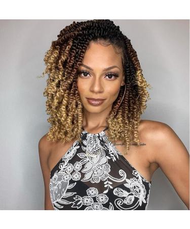 Leeven Pre Twisted Passion Twist Crochet Hair 10 Inch 8 Packs Pre Looped Ombre Blonde Bomb Twists 3 Tone Short Curly Bohemian Synthetic Braiding Hair for Black Women 12 Strands/Pack #1B/30/27 10 Inch (Pack of 8) #1B/30/27
