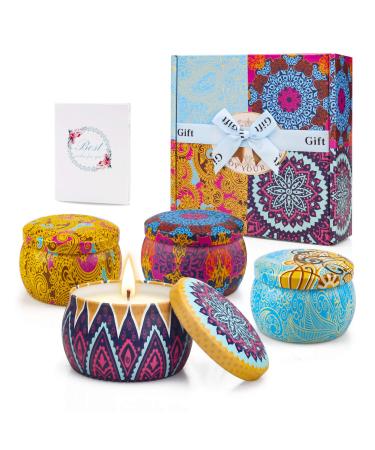 Scented Candles Gifts Set for Women 5.6oz 120 Hours Burning Time Natural Soy Wax Candle Aromatherapy Candle Portable Tin Candle Gift Set 4 Fragrance - Spring Lavender Lemon and Mediterranean Fig Classic Pattern