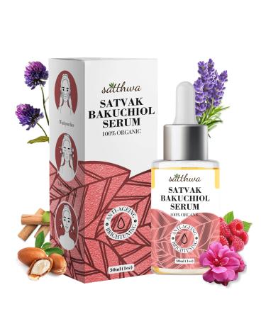 Satthwa Organic Bakuchiol Face Serum - Retinol Alternative - Plumping Anti-Aging and Anti-Wrinkle Serum with Vitamin C Ashwagandha Root Extract - Vegan - 1oz/30ml