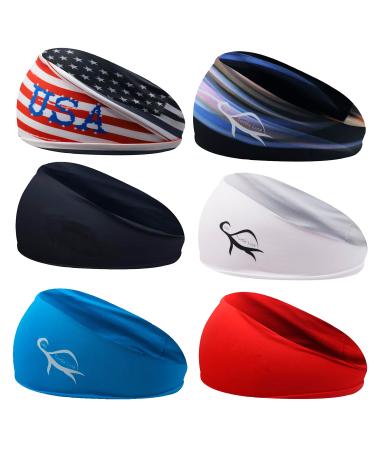 Workout Headbands for Men & Women   Wide Headband for Sport   Elastic Fabric Soft Head Bands Working Out  Sweatband Black Red White Tie Dye American USA Flag  Set of 6 Unisex Sports Hairbands