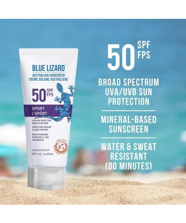 Blue Lizard Sport SPF 50 Mineral-Based Sunscreen Lotion - SPF 50 Broad Spectrum UVA/UVB Water Resistant (Up to 80 Minutes) - 89 mL 89 ml (Pack of 1) - Buy Online on GoSupps.com