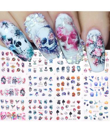 Stardo 12pcs Halloween Nail Art Stickers Decals Accessories Decorations Skull Bone Rose Anime Water Sticker for Nails Design Manicure Decoration Sliders