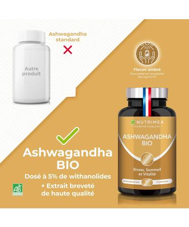 ASHWAGANDHA Organic - Patented Extract Standardized to 5% Withanolides - Physical & Mental Wellness Tone & Concentration - 600 mg - 90 Vegan Capsules - Nutrimea - Made in France - Buy Online on GoSupps.com