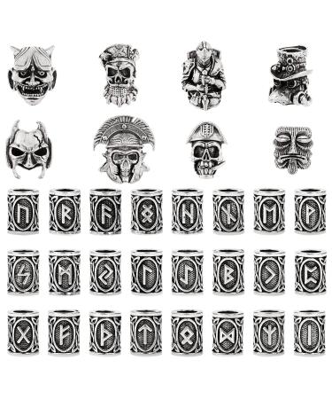 craftshou 32 Pieces Viking Beard Beads Norse Runes Hair Beads Pirate Skull Dreadlocks Bead for Jewelry Bracelets Pendant Necklace DIY Braiding Hair Braids