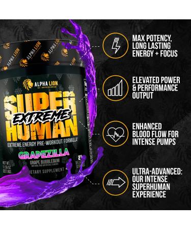 Alpha Lion Superhuman Extreme Pre-Workout Formula - Intense Energy, Focus, and Pumps - Grapezilla (21 Servings) - Buy Online on GoSupps.com