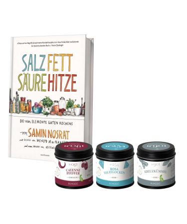 Rimoco gift set "Salz Fat Acid Heat" - Set: Salt Fat acid Heat Book Cayenne pepper 60g pink salt flakes 50g cumin 60g set: "Salt fat acidity"