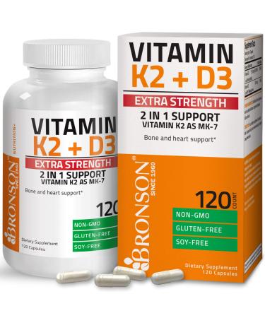 Bronson Vitamin K2 (MK7) with D3 Extra Strength Supplement Bone and Heart Health Non-GMO Formula 10,000 IU Vitamin D3 & 120 mcg Vitamin K2 MK-7 Easy to Swallow Vitamin D & K, 120 Capsules 120 Count (Pack of 1)