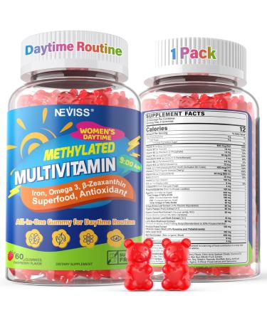 NEVISS AM Methylated Multivitamin Gummies with Iron for Women 26-in-1 Gummy Omega-3 Methylfolate & B12 Inositol for Daytime Routine Daily Vitamin Energy Brain Antioxidant Vegan Sugar Free