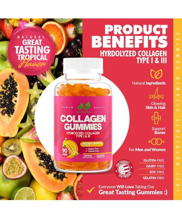 Collagen Gummies for Women & Men (90 Count) - Premium Hydrolyzed Collagen Type I & III for Hair Skin & Nails Support - Great Tasting Tropical Flavor Gluten-Free Non-GMO - 90 Gummies (45 Servings) - Buy Online on GoSupps.com