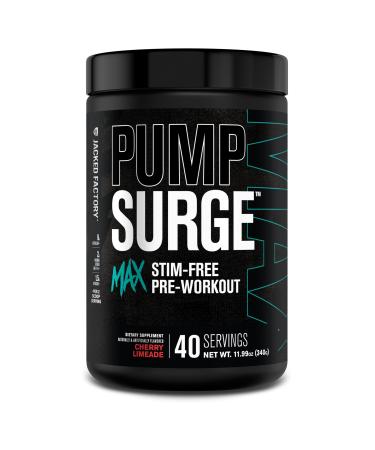 Jacked Factory Pumpsurge Max Stim Free Pre Workout - High-Performance Caffeine Free Pre Workout with L-Citrulline N03-T Arginine Nitrate & Glutathione - 40 Servings Cherry Limeade