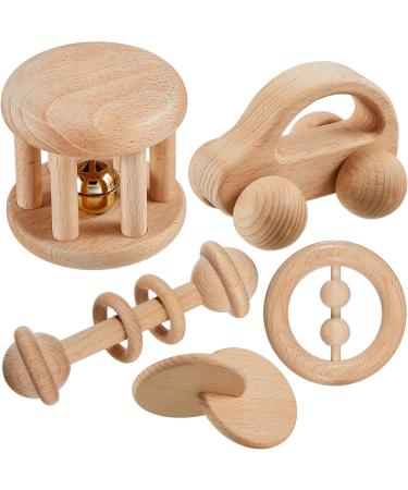 5 Pieces Wooden Baby Toys Wooden Montessori Toys for Babies 0-6-12 Months Wood Toys Rattles with Bells Montessori Wood Baby Push Car Wooden Newborn Toy for Infant Boys and Girls Gifts