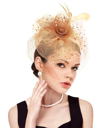 dressfan Fascinator Headband Hat Women's Vintage Headband Wedding Veil Hat Flower Mesh Feather Hair Accessories 1950s Headpiece for Wedding/Cocktail/Jockey Club/Tea Party/Carnival Gold