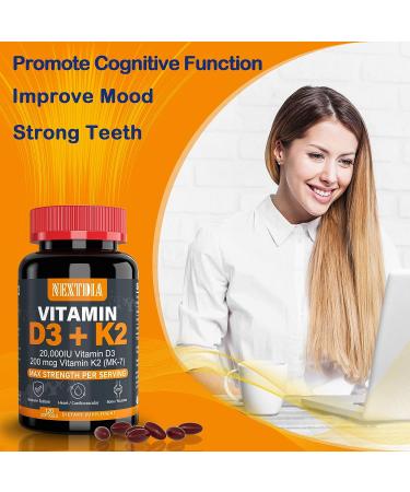 Vitamin D3 20,000 IU + K2 200mcg - Bone & Immune Health Support - 240 Easy-to-Swallow Softgel Servings - Buy Online on GoSupps.com