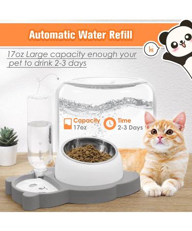 Elevated Tilted Cat Food and Water Bowl Set with Automatic Dispenser - Grey-Stainless Steel - Buy Online on GoSupps.com